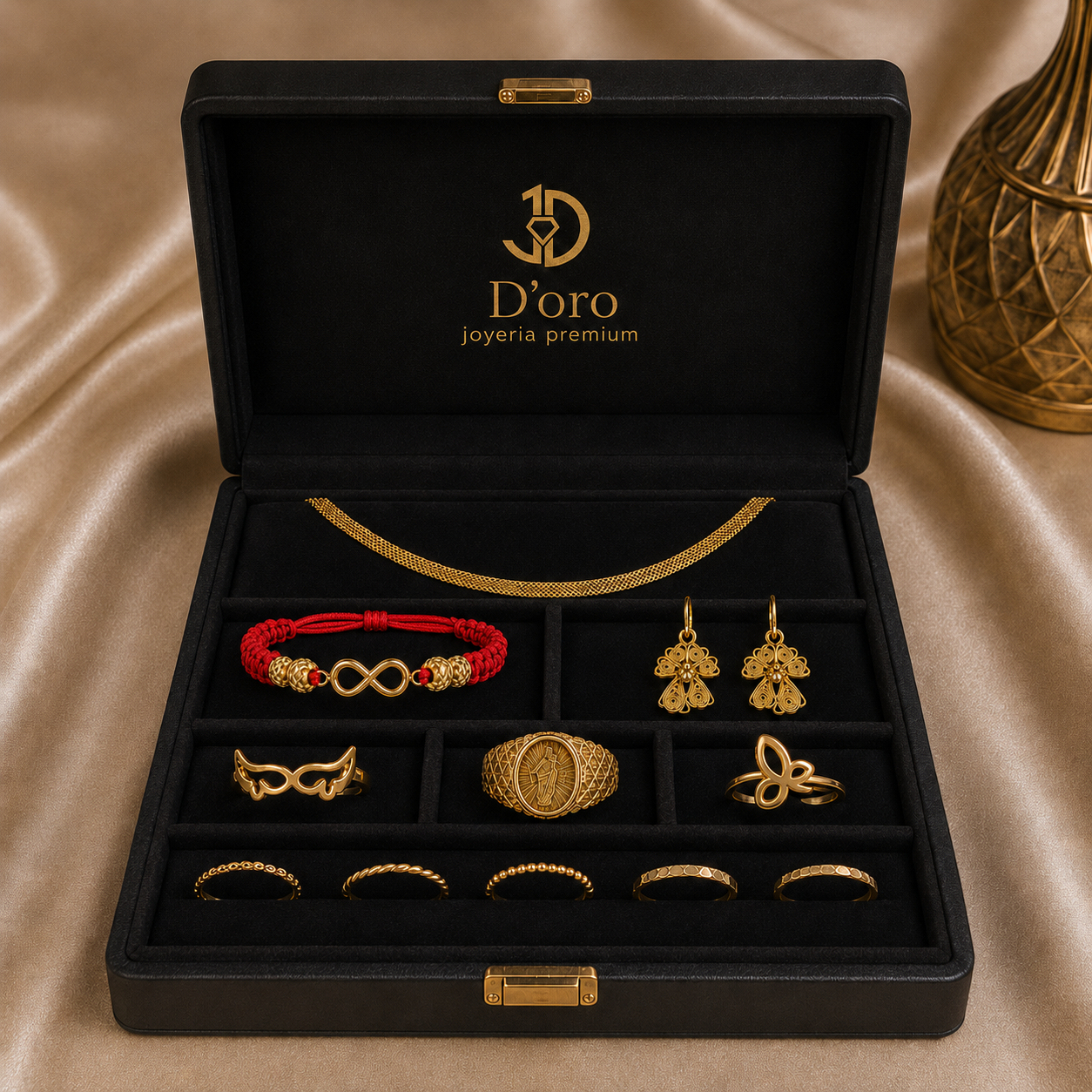 Colección de joyería D'Oro - Caja premium con anillos, pulseras, aretes y cadenas en oro 18K